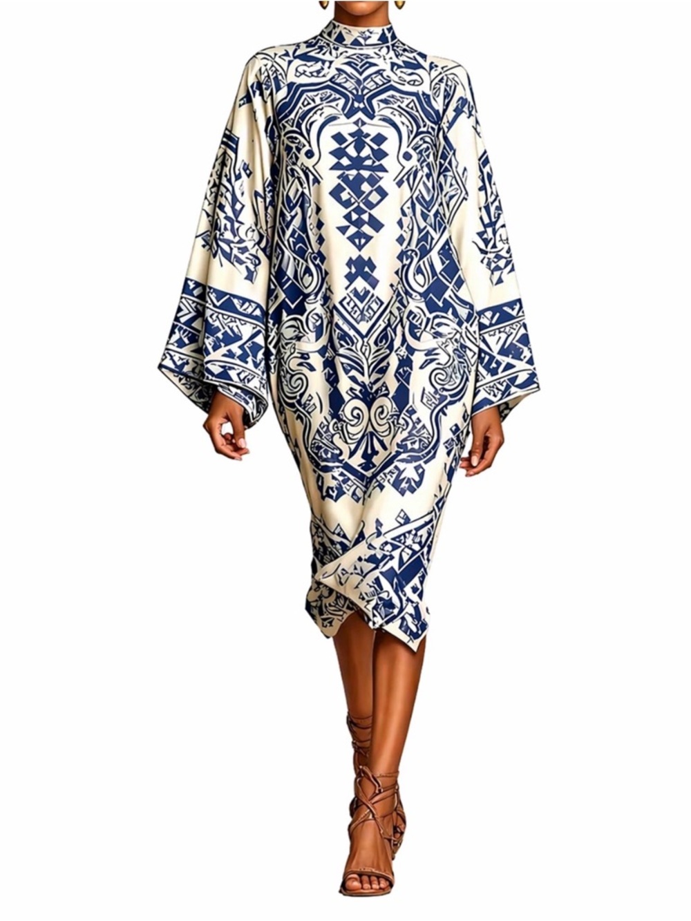 Oversized Tile Inspired Print Midi Dress in Navy and Cream